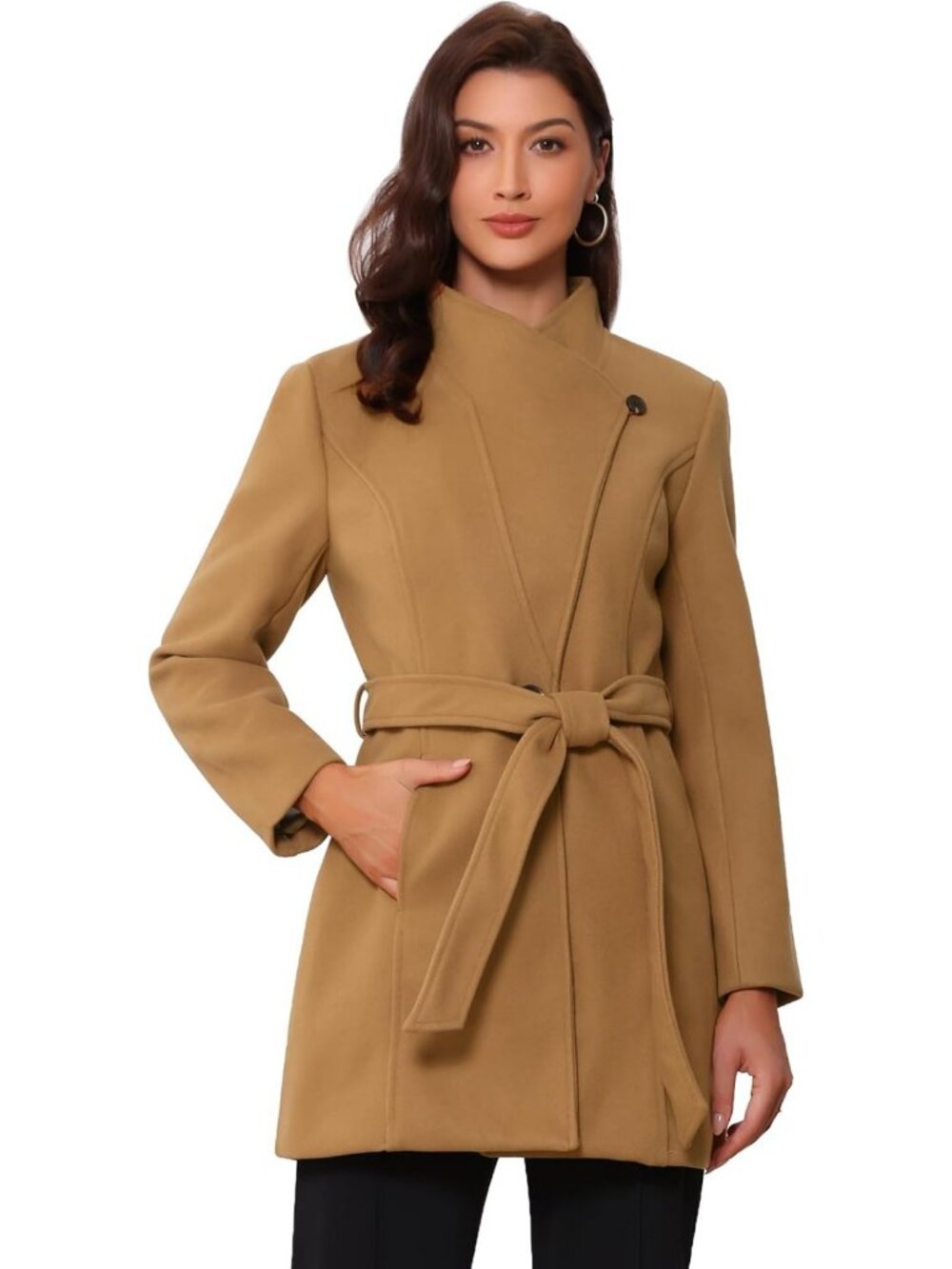 Elegant Women's Winter Overcoat with Stand Collar & Belted Design - Long Pea